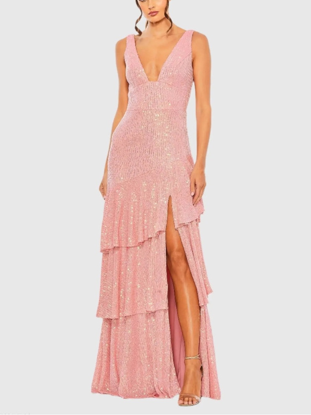 Ieena for Mac Duggal Coral Sequin Asymmetrical Ruffle Tiered Gown Size 6 NWT